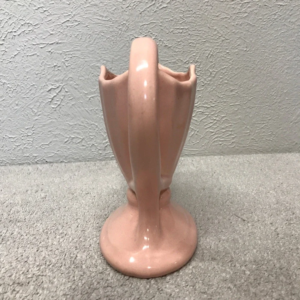 Vintage Pink Ceramic Trophy Vase Twin Handles MCM Art Deco Fluted 7
